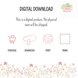 May include: Digital download graphic with text and icons. The text reads "DIGITAL DOWNLOAD" and "This is a digital product. No physical item will be shipped." Icons include a shopping cart, cloud, printer, and frame.