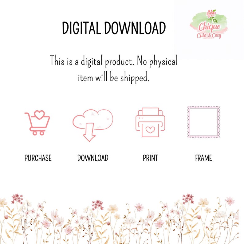 May include: Digital download graphic with text and icons. The text reads "DIGITAL DOWNLOAD" and "This is a digital product. No physical item will be shipped." Icons include a shopping cart, cloud, printer, and frame.