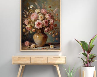 Rustic Bouquet Poster, Matte Vertical Wall Art for Home Decor, Pink Creme Beige Brown Wildflower Print, Textured Clay Vase Design.