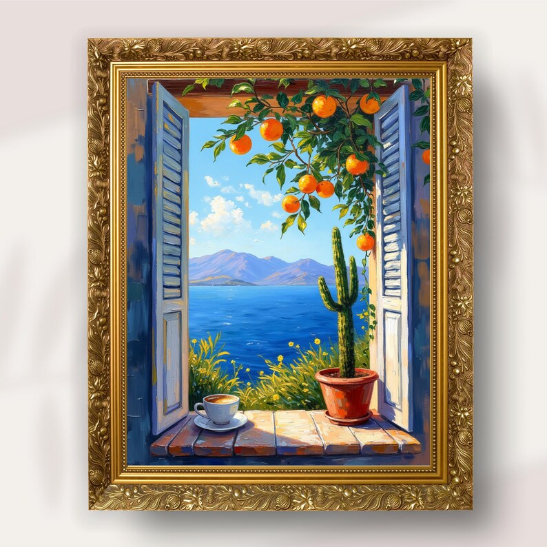 May include: A framed painting depicts a scenic view through an open window. The window reveals a blue sea, mountains, and a bright sky. A cactus in a terracotta pot and a cup of coffee sit on the windowsill. Orange tree branches with ripe oranges frame the view.