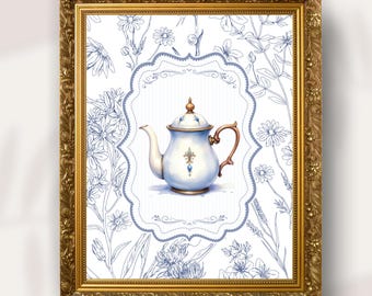 Vintage Teapot Wall Art Print – Blue and White Kitchen Decor, Shabby Chic Floral Tea Poster, Digital Download Printable Art-Tea with grandma