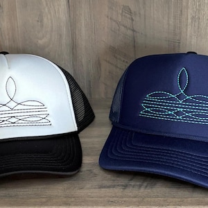 Boot Stitch Embroidered Foam Trucker Hat with Mesh back, SnapBack closure, Custom made with your choice of hat and thread color.