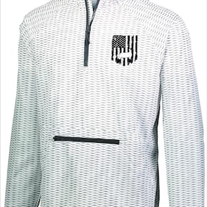 May include: White and gray hooded anorak jacket with a wave pattern. The jacket features a quarter-zip closure, a front pocket, and a black and white American flag patch on the chest.