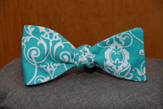 White Floral on Turquoise Bow Tie | Etsy