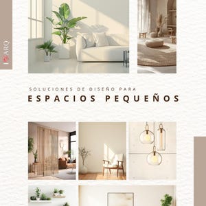 Peut inclure: Un collage d'images présentant des solutions de design d'intérieur pour les petits espaces. Les images présentent différents aménagements de salon avec des meubles, des plantes et des éclairages. Le texte "SOLUCIONES DE DISEÑO PARA ESPACIOS PEQUEÑOS" est affiché en haut du collage.