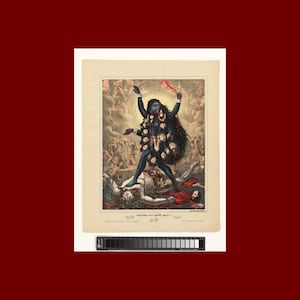 Può includere: Un'illustrazione colorata della dea indù Kali, raffigurata con più braccia e teste, in piedi su una figura sdraiata a terra. La dea tiene una spada e una testa mozzata, ed è circondata da altre figure. L'immagine è intitolata "KALI" in hindi.