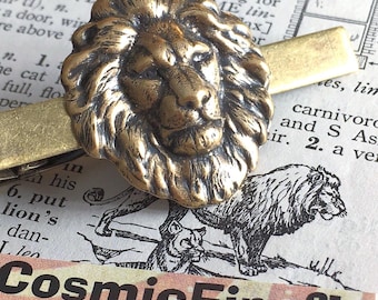 Lion Tie Bar Clip Antiqued Brass Metal
