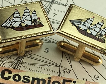 1950's Vintage Nautical Sailing Ship Cufflinks Antique Pirate Wedding Cosplay