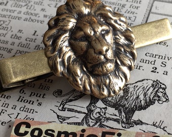 Lion Tie Bar Clip Antiqued Brass Leo Gift