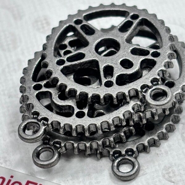 Miniature Bicycle Gear Metal Charms Pewter Gray Flat Back Destash Jewelry Supplies 5 Pieces Steampunk