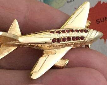Vintage Airplane Brooch Pin Costume Jewelry Red Jewels Travel Gift Flying Pilot Airport