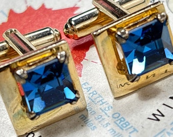 1950's Vintage Art Deco Cufflinks Blue Glass Square Modernist MCM Mid Century Crystal