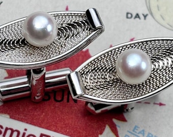 1950's Vintage Pearl Atomic Cufflinks MCM Mid Century Modernist Sun Eagle Silver Oval Space Age