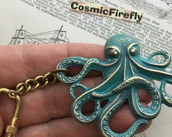 Green Octopus Keychain Steampunk Keychain Nautical Sea Creature Painted Verdigris Finish Rustic Gothic Victorian Sea Life Beach Party