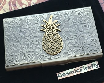 Victorian Pineapple Card Case Antiqued Brass Business Card Case Silver Pineapple Card Holder Wallet