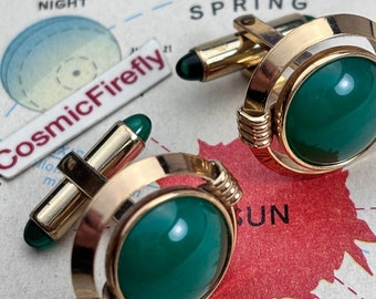 1940's Men's Vintage Art Deco Atomic Cufflinks Antique Gold Emerald Green Glass Tips KREISLER Good Luck Father's Day