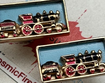 1950's Mid Century Vintage Train Cufflinks Antique Steam Train Engine Steampunk Cufflinks + Locomotive Tie Bar Clip Clasp Brass Black