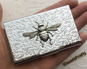 Silver Bee Business Card Case Bumble Bee Gothic Victorian Silver Plated Metal Vintage Style Classic Slim Card Holder Floral Leaf Pattern