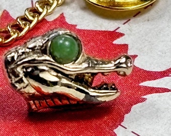 Tiny 1950's Vintage Alligator Tie Tack Crocodile Pin Green Jade Stone Eye SWANK USA