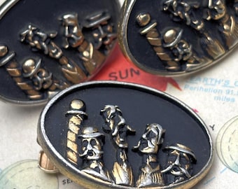 Vintage Men's Barber Shop Quartet Cufflinks & Barber Pole Tie Clip 1950's Barbershop Singers VERY BIG
