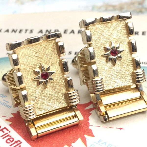 1950's Vintage Atomic Age Cufflinks Mid Century Gold Tone Mesh Star Red Jewel Father's Day Men's Gifts Wedding Hollywood Regency