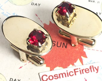 1940's Vintage Red Jewel Cufflinks Oval Brass Mid Century Wedding