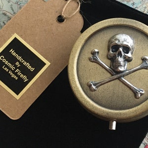 Small Round Skull Pill Box Pocket Size Antiqued Brass Rustic Finish 2 Diameter Pirate Gift image 1