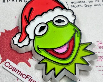 1970's Vintage Santa Kermit The Frog Pin Brooch Henson Associates Red Green Christmas Muppets Plastic Badge Santa Hat