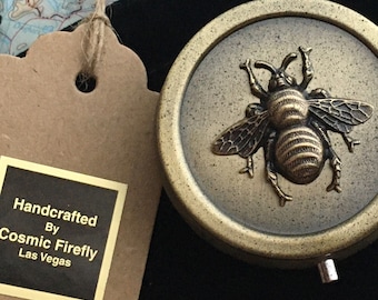 Small Lightweight Round Brass Honey Bee Pill Box Case Antiqued Rustic Steampunk Prop