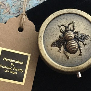 Small Lightweight Round Brass Honey Bee Pill Box Pill Case Victorian Steampunk Size 2" Diameter Antiqued Rustic Mother's Day Gift