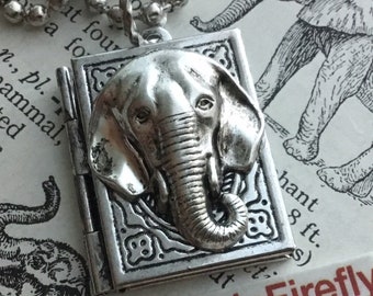 Tiny Elephant Book Locket Necklace Antiqued Silver Plated Rustic Finish
