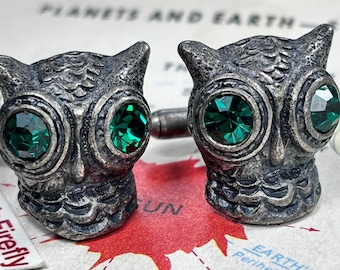 1950's Vintage Owl Cufflinks Green Crystal Eyes Big Bug Eyes Space Alien Father's Day