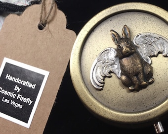 Small Round Flying Rabbit Pill Box Tiny Size Compartments Pocket Size Bunny Angel Wings 2" Diameter