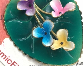 Vintage 1950's Floral Leaf Flowers Pin BROOCH Art Jewelry Made in AUSTRIA Green Enamel Color