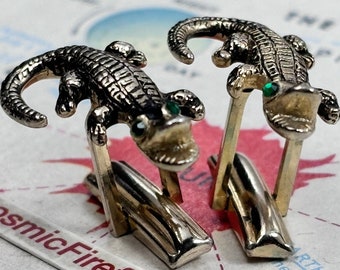 1950 Vintage Alligator Manschettenknöpfe French Cuffs Gold Krokodil grüne Kristallaugen