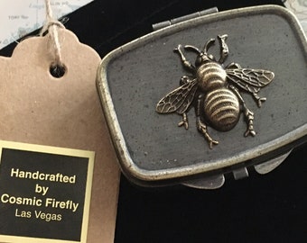 Small Rustic Brass Honey Bee Pill Box Pill Case Glass Mirror Hinged Lid