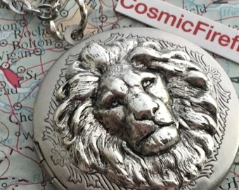 Antiqued Silver Plated Lion Locket Necklace Novelty Craft Jewelry