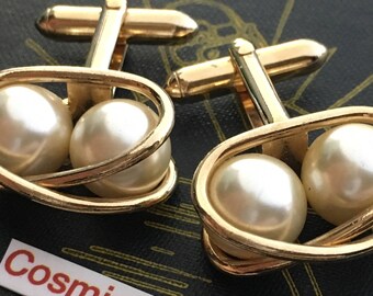 SWANK Cufflinks Vintage Wedding Cufflinks Men's Antique Cufflinks Steampunk Cufflinks Double Pearl Cufflinks Vintage Modernist Cufflinks