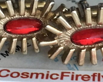 1950's Vintage Atomic Cufflinks Steampunk Space Age Red Jewel Starburst Modernist MCM Art Deco SWANK USA