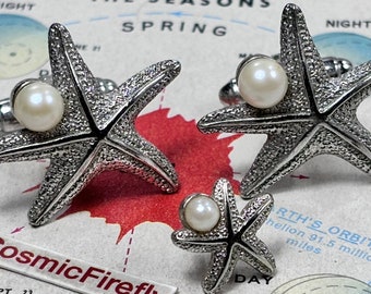 1950's Vintage Starfish Cufflinks Pearl Tie Tack Star Fish Beach Wedding Ocean Cruise Summer Vacation DANTE