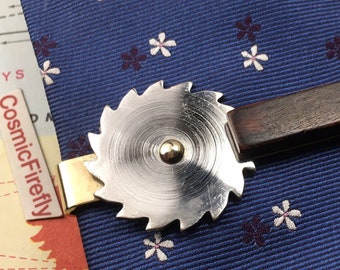 Vintage Circular Saw Blade Tie Bar 1950's Tool Tie Clip Clasp Really Spins Steampunk Wood Carpenter Maker Builder Construction Men's Gifts