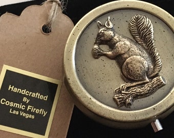 Tree Squirrel Pill Box Pill Case Small Lightweight Round 2" Diameter Antiqued Brass Finish