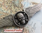 Steampunk Pin Gothic Pirate Wings Flying SKULL CROSSBONES Aviator Airship Pilot Flight Insignia Badge From Cosmic Firefly Las Vegas