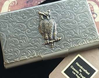 Fancy Owl Business Card Case Holder Gothic Victorian Steampunk Style Metal Card Wallet