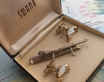 1950's Vintage Pearl Fish Cufflinks Brass Fishing Pole Tie Bar Clip Fisherman Gift SWANK Box