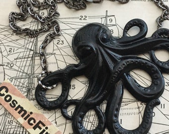 Black Octopus Necklace Long Length Etched Chain Goth Gothic Victorian Nautical Steampunk Style