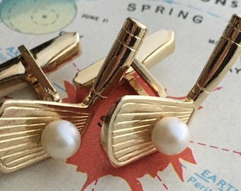 Vintage Golfing Cufflinks Antique Golf Club Putter Brass Faux Pearl 1950's Golfer's Gift