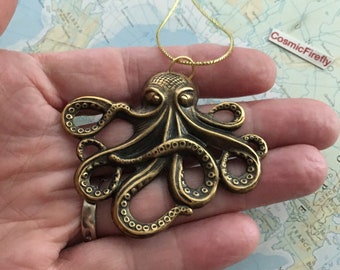 Metal Octopus Christmas Ornament Antiqued Brass Rustic Gothic Victorian Steampunk Sea Kraken Cosmic Firefly Made in USA