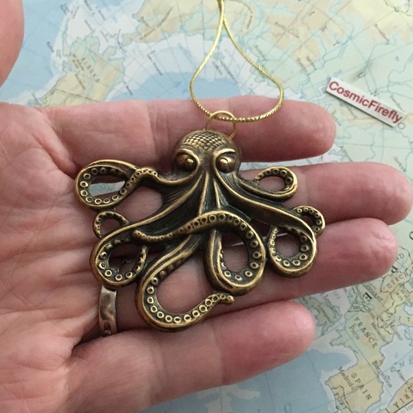 Metal Octopus Christmas Ornament Antiqued Brass Rustic Gothic Victorian Steampunk Sea Kraken Cosmic Firefly Made in USA