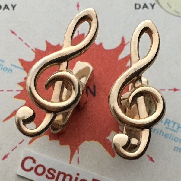 Mid Century Vintage Brass Treble Clef Musical Notes Cufflinks 1950's Music Teacher Gift